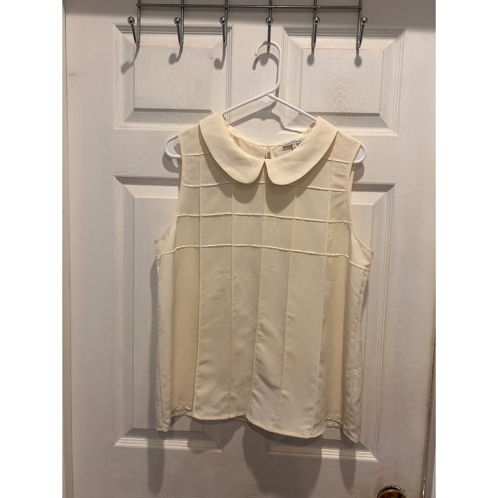 Lace & Mesh Cream Sleeveless Peter Pan Collar Pintuck Grid Blouse Large Mod